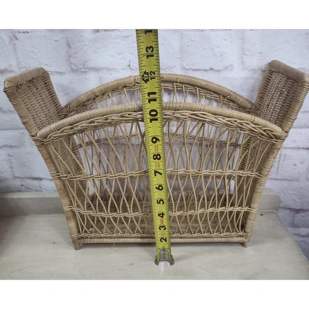 Vtg Wicker Woven Magazine Rack Arched Design Boho Retro Storage
